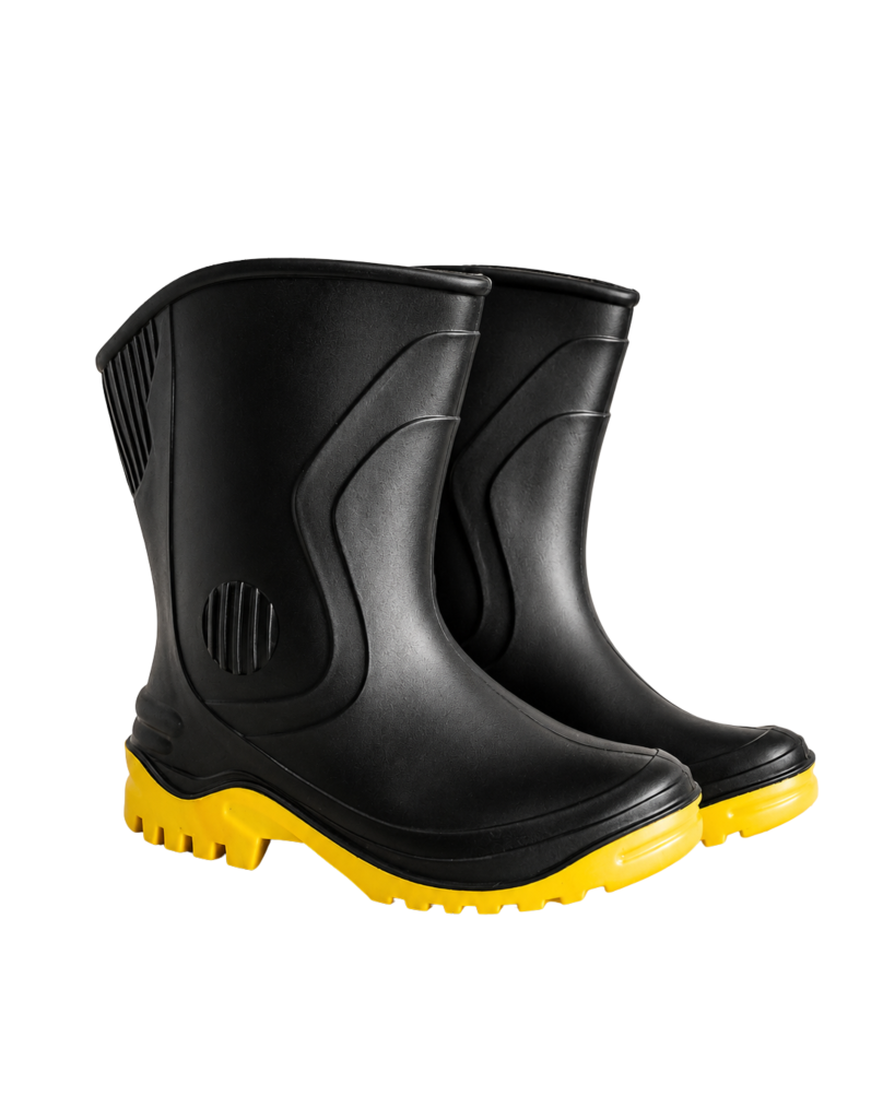Botas de lluvia para niños con suela amarilla, ideales para salir a los charcos en Guatemala en días de lluvia.
